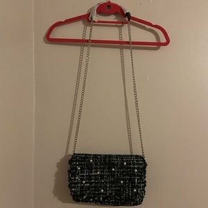 Tweed Black White and Blue Bag With Pearl Details